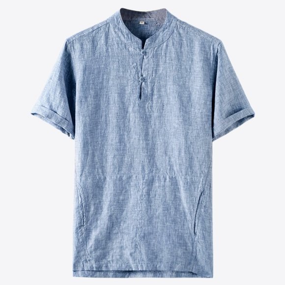Buttoned Round Neck Short Sleeve Linen Tee - Picture 1 of 10